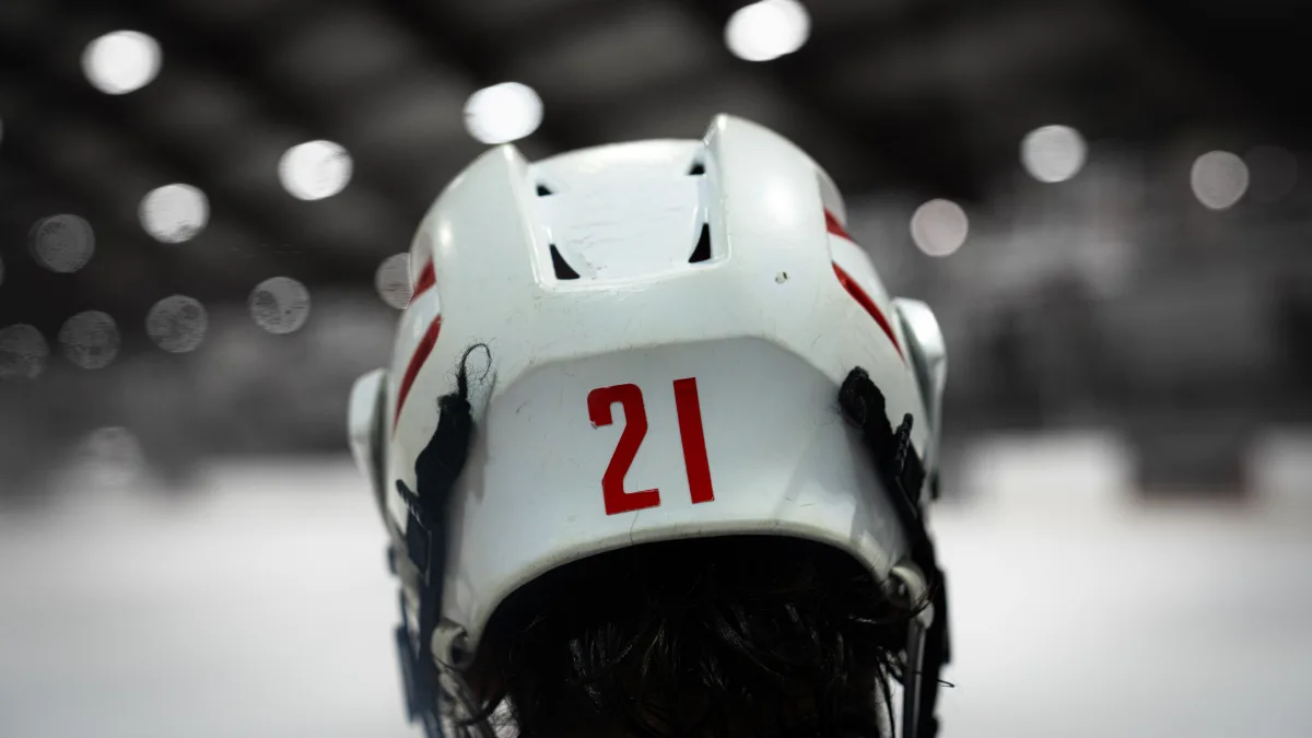 Ice hockey helmet close-up with number 21